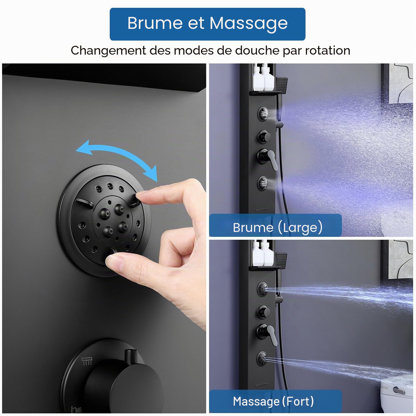 Panneau de douche LED avec robinet et étagère, noir, colonne de douche 6 fonctions, douche pluie et cascade, buse de massage 2 modes, douchette à main et bec de baignoire cascade, acier