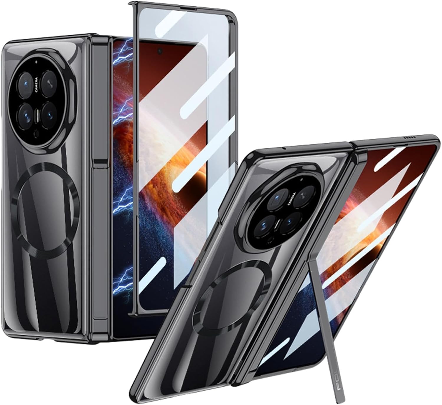 Magnetic Case for Honor Magic V6, Electroplated Clear Guard Cover, Hinge Stand All -Inclusive Shell Built-in Screen Protector(Black)