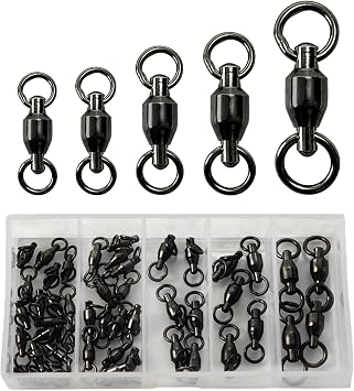 Avlcoaky Ball Bearing Swivel Fishing Swivels 46pcs/Box Heavy Duty Saltwater Swivels Stainless Steel Swivel Connectors Black Nickel Finish Trolling Swivels Terminal Tackle Barrel Swivel