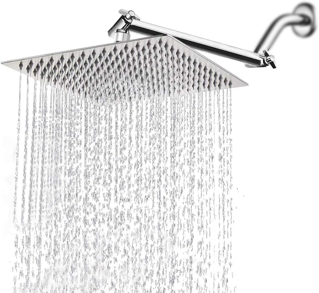 HarJue High Pressure Large Stainless Steel Square Rain ShowerHead With Shower Arm Waterfall Full Body Coverage Easy to Clean and Install (12 Inch With Arm, Chrome Finish)