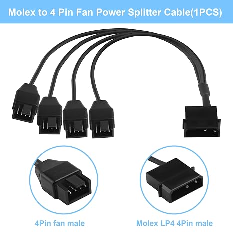 Molex to 4 Pin Fan Cable 30cm 12V Full Speed PC Fan Power Distribution 4 Pin Adapter for ATX Power Supply Case Cooling (1 to 4)
