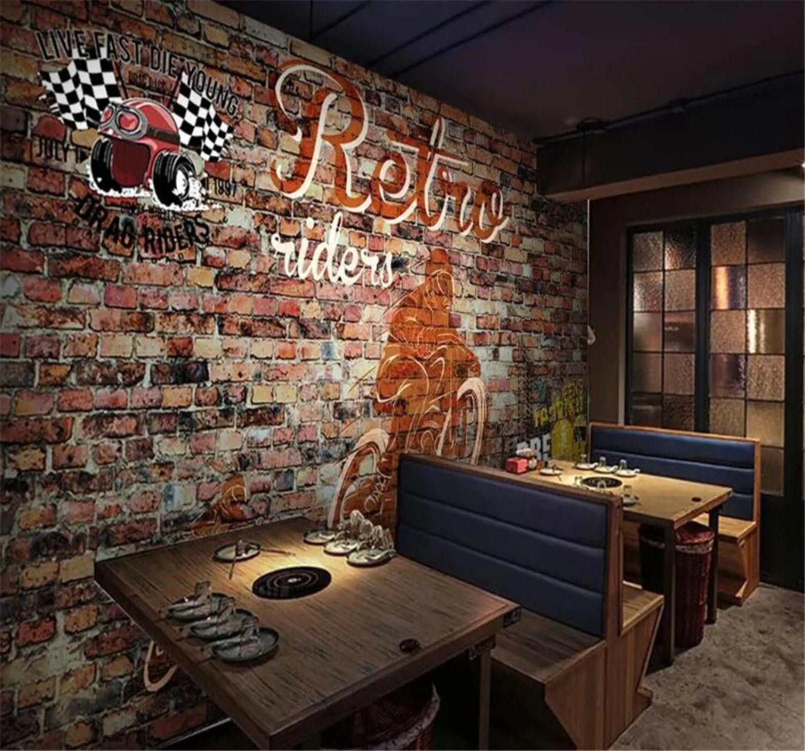 Tzxztt 300Cm×210Cm(B×H) Retro Brick Wall Hand Drawn Graffiti Motorbike Modern 3D Wallpaper Premium Textured Silk Neutral Tones Material Ideal For Living Room Bedroom-300Cm×210Cm