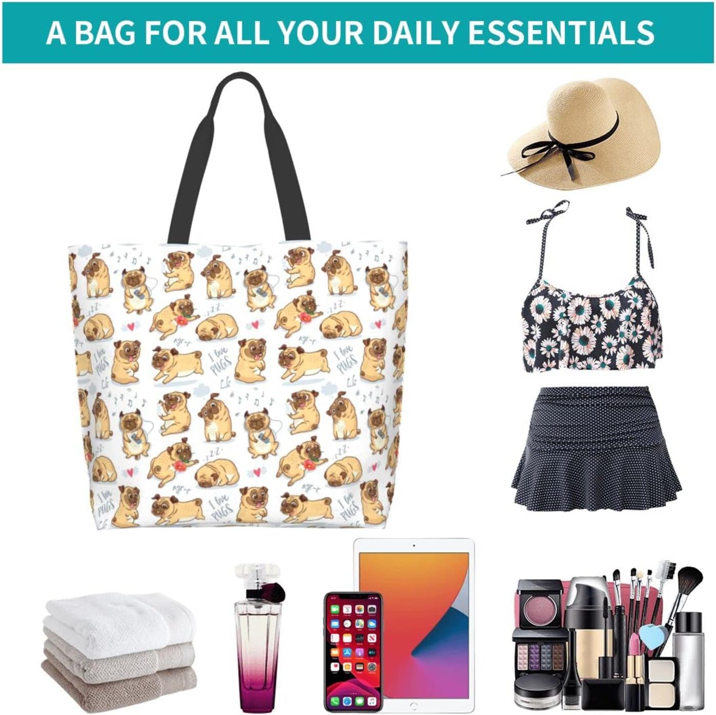 Tote Bag Beach Canvas Travel Reusable Grocery Shopping Bag Pug Gifts for Pug Lover