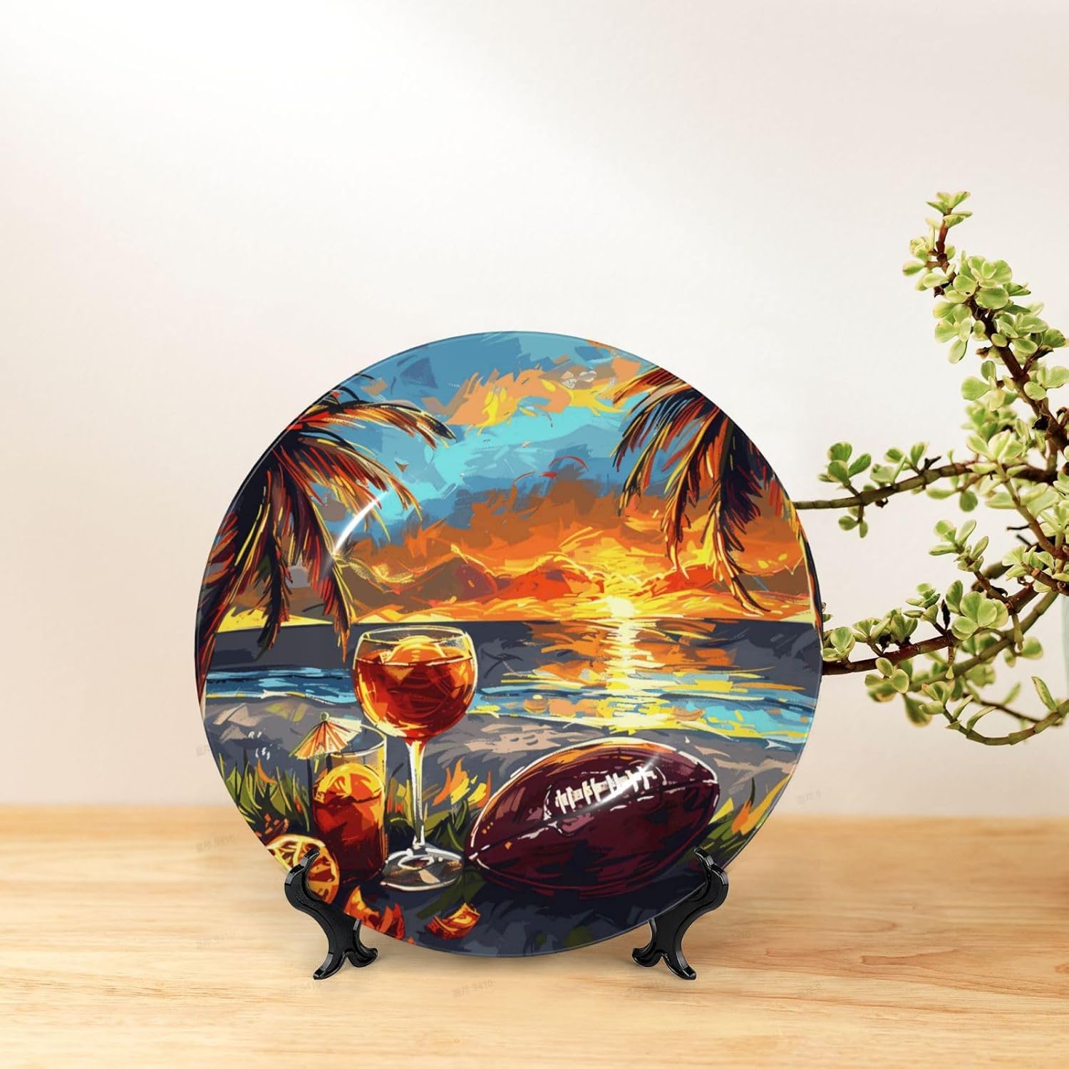Tropical Rugby Style Ceramic Plate Display Home Display With Stand Wall Hanging Plate For Home Decor 10 Inch