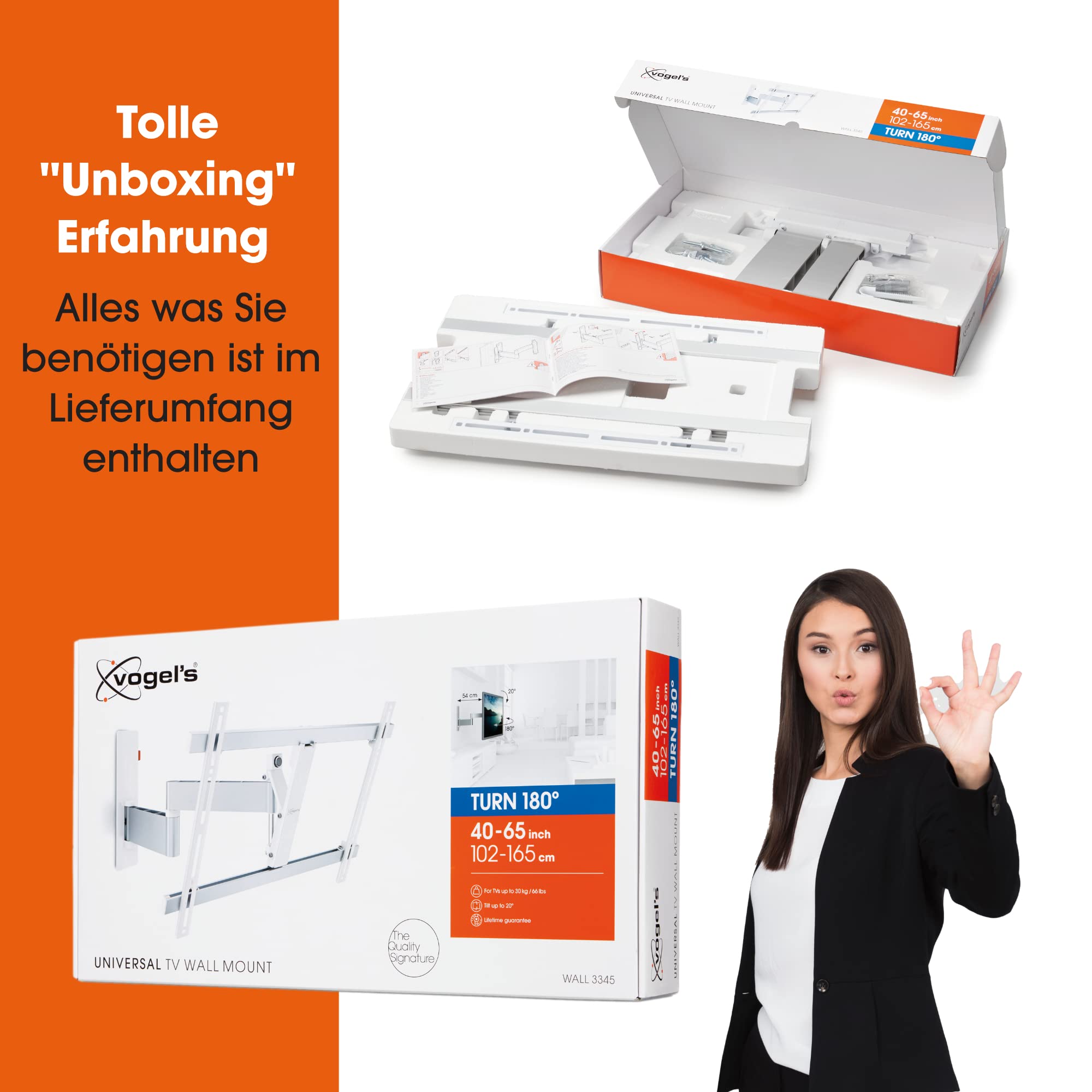 Vogel's WALL 3345 schwenkbare TV Wandhalterung für 40-65 Zoll Fernseher, max. 30 kg, schwenkbar bis zu 180°, neigbar, Fernsehhalterung, max. VESA 600 x 400, Universelle Kompatibilität, TV Halterung