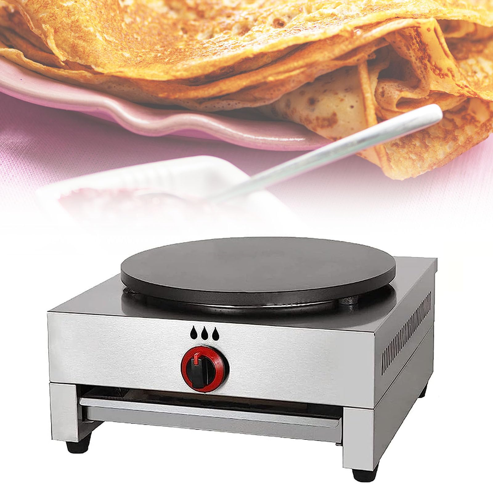 40cm Nonstick Pancake & Crepe Maker - Stainless Steel With Teflon Plate, Gas Powered, For Home Or Commercial Use