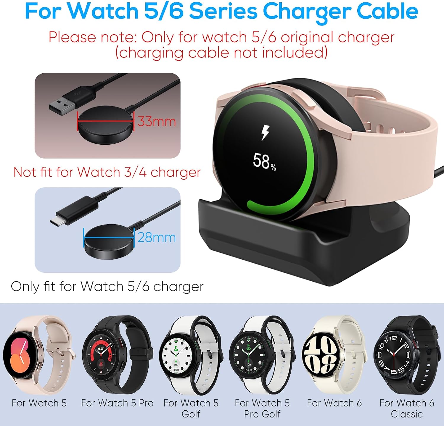 Stand for Samsung Galaxy Watch 6/Watch 6 Classic/Watch 5 40,44mm/Watch 5 Pro 45mm/Watch 5 (Pro) Golf Edition 40,44,45mm,Non-Slip Silicone Charging Dock,Charger Base Holder with Cable Management Slot