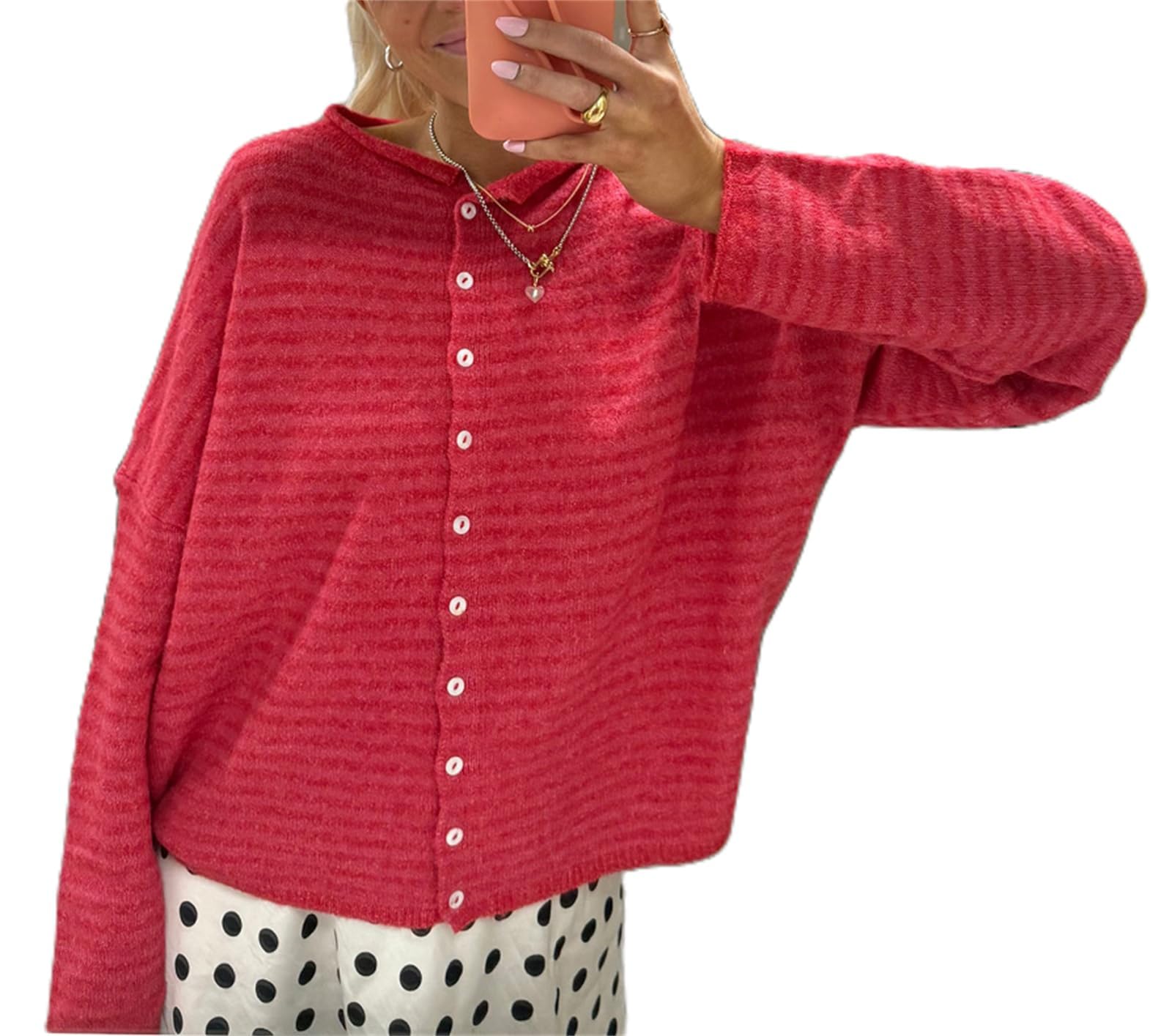 Womens Fall Cardigan Sweater Striped Long Sleeve Loose Knitwear Trendy Cropped Button Down Y2K Sweater