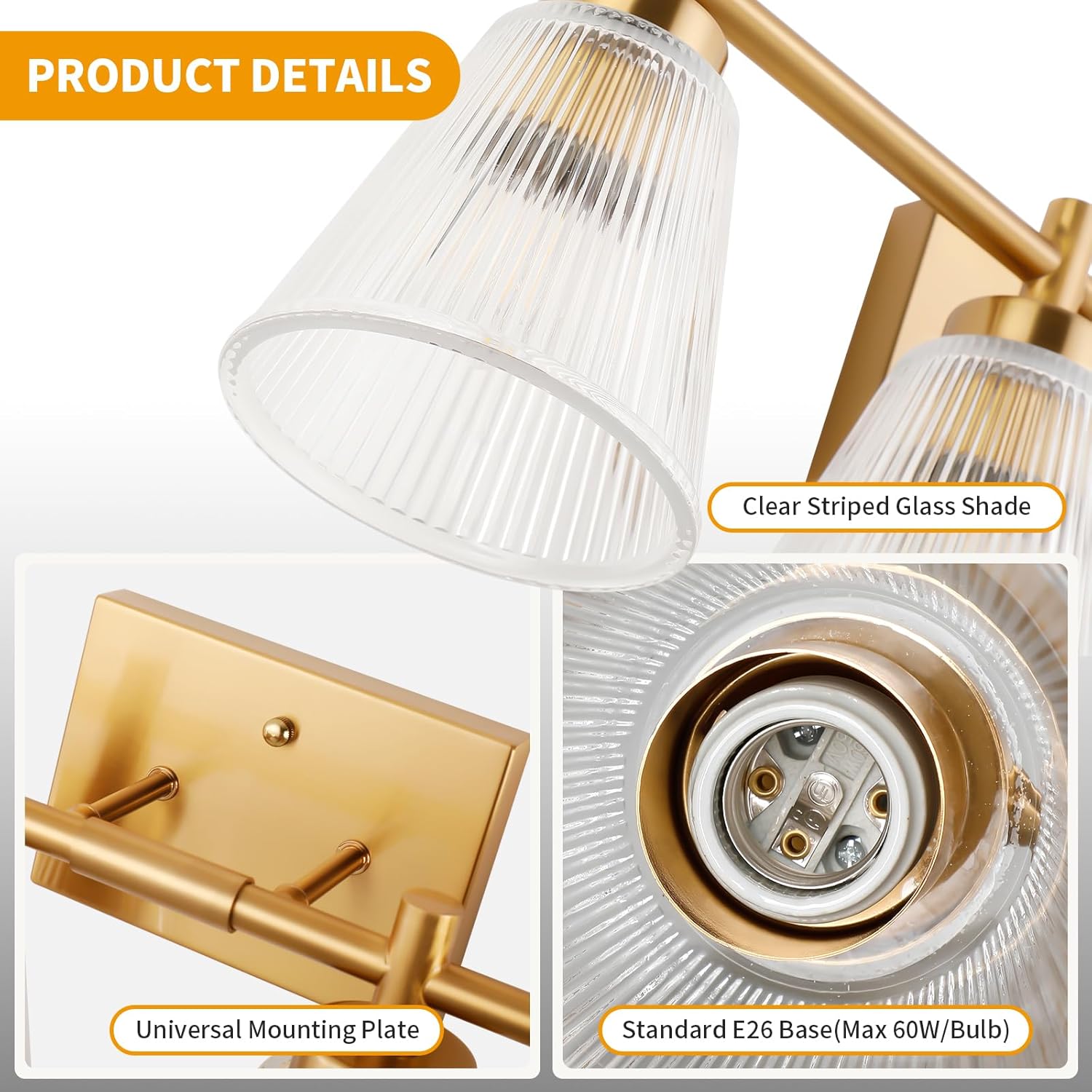 OCIOC 4-Light Bathroom Vanity Light, Burshed Gold Bathroom Light With Stripe Glass Shade, Makeup Light over Mirror, Wall Mounted Sconces for Living room, Kitchen, Hallway