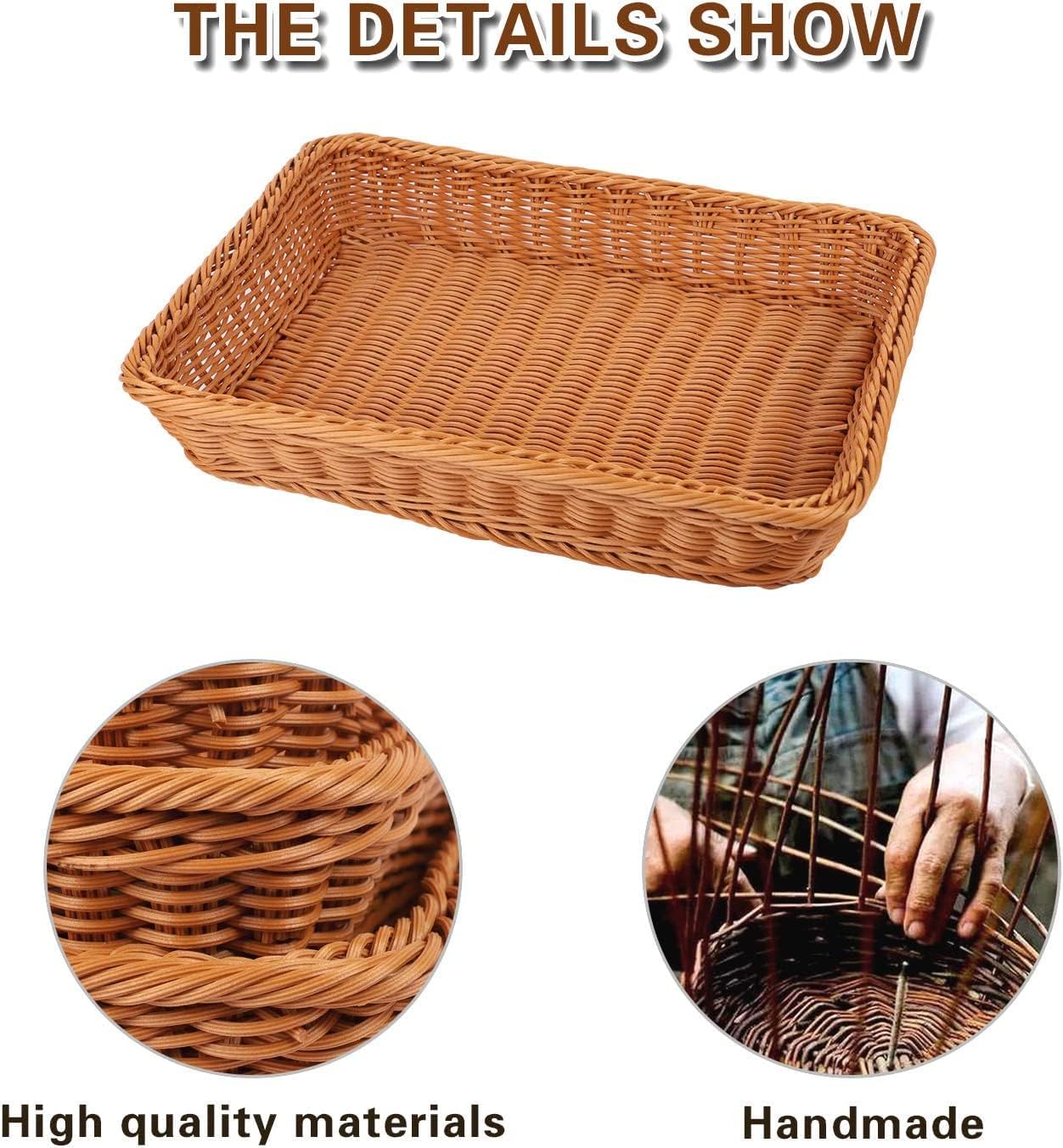 KEILEOHO 3 Packs Poly Wicker Bread Baskets of 12 Inch, Handmade Woven Pantry Organizer, Tabletop Food Serving Baskets for Fruits, Vegetables and Snacks, Restaurant, Hotel Serving, Brown
