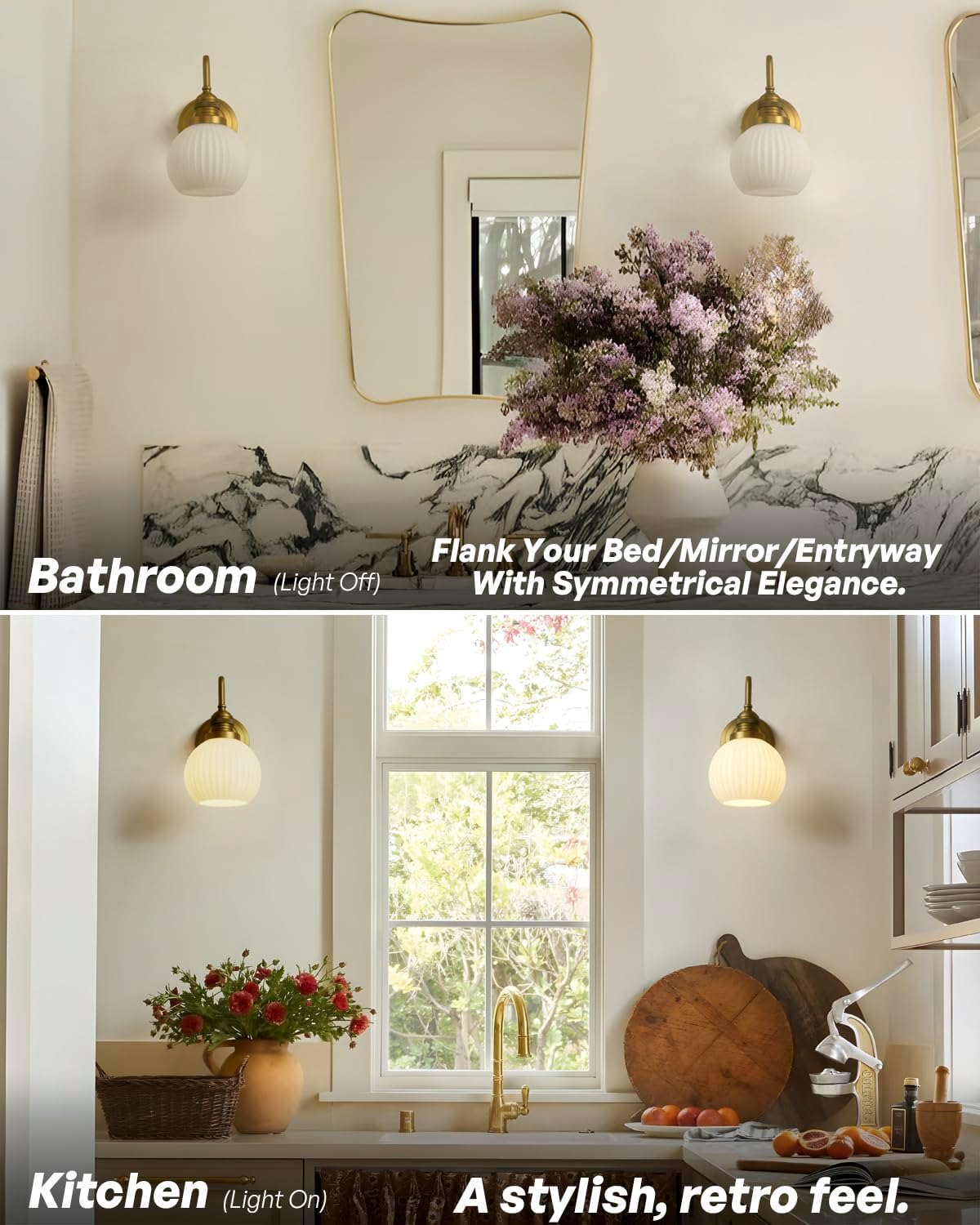 Vintage Wall Sconce Light Antique Brass Gold Bathroom Vanity Light with Milk Glass Shade Indoor Hardwire Wall Mounted Lamp for Bathroom Mirror Living Room Bedroom Kitchen Boho