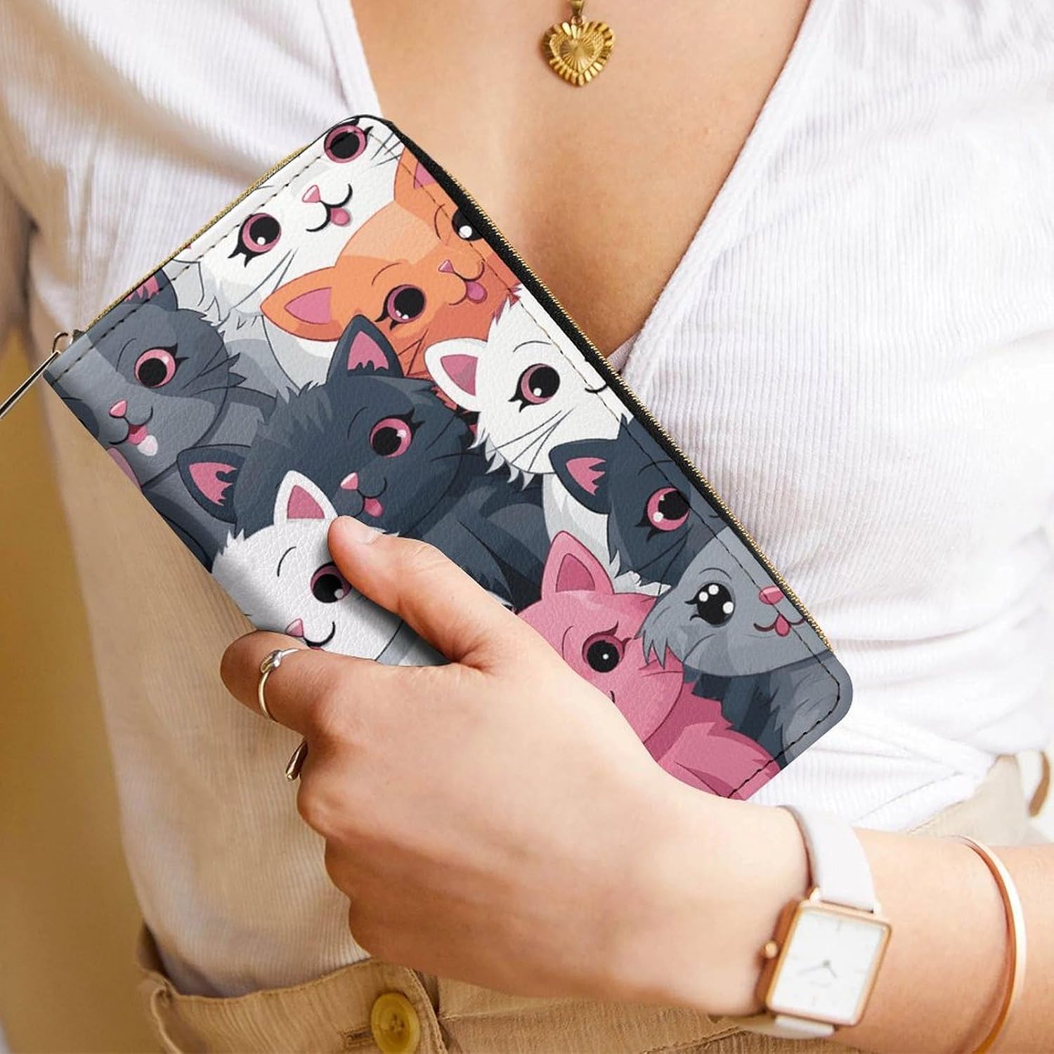 Leather Clutch Wallet with Zip, Hand Strap Cute Kittens Wallet Purses And Handbags for Women, Large Capacity