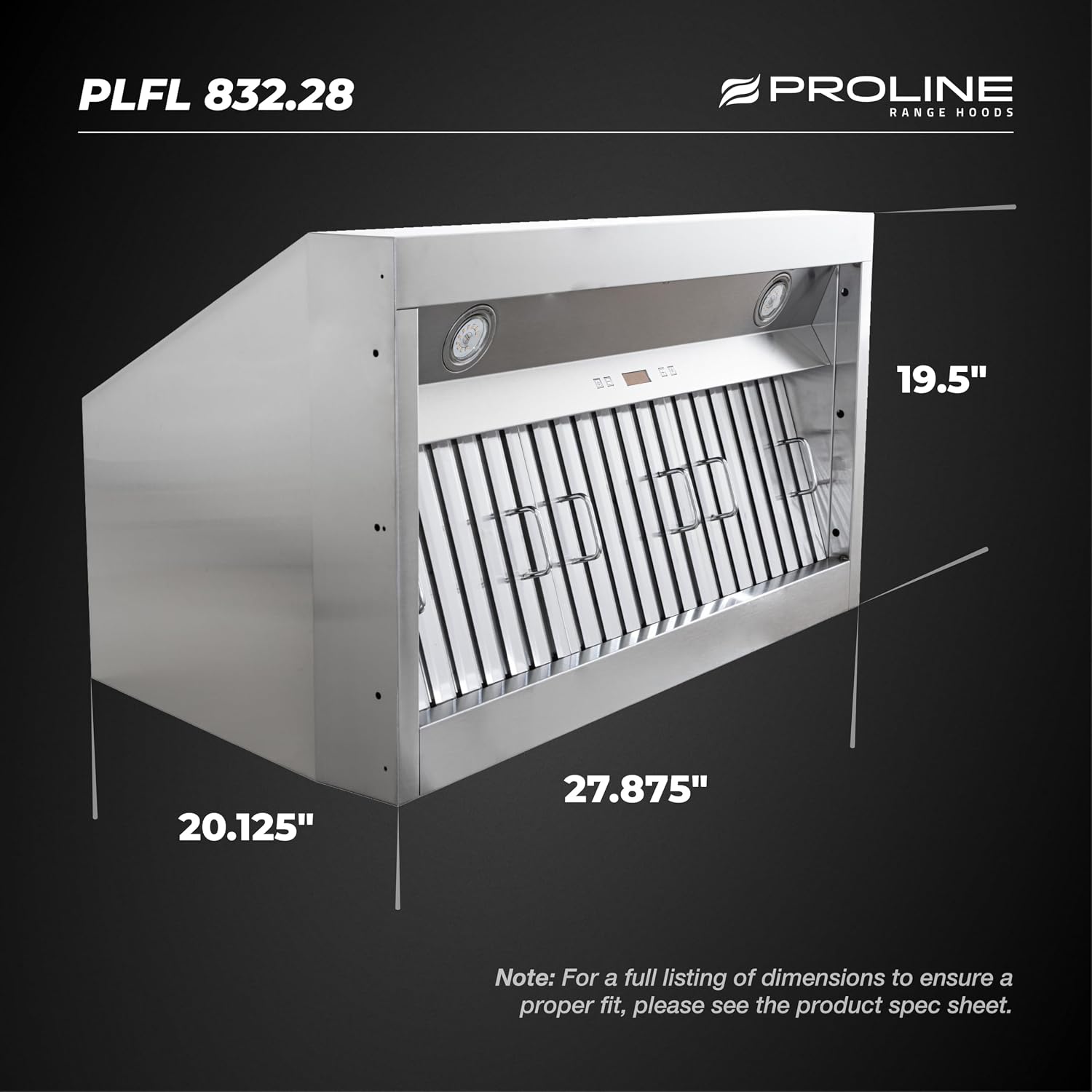 PROLINE 28-Inch Professional Range Hood Insert (For 30 Inch Range Hoods), 1000 CFM, PLFL 832.28, Kitchen Range Hoods