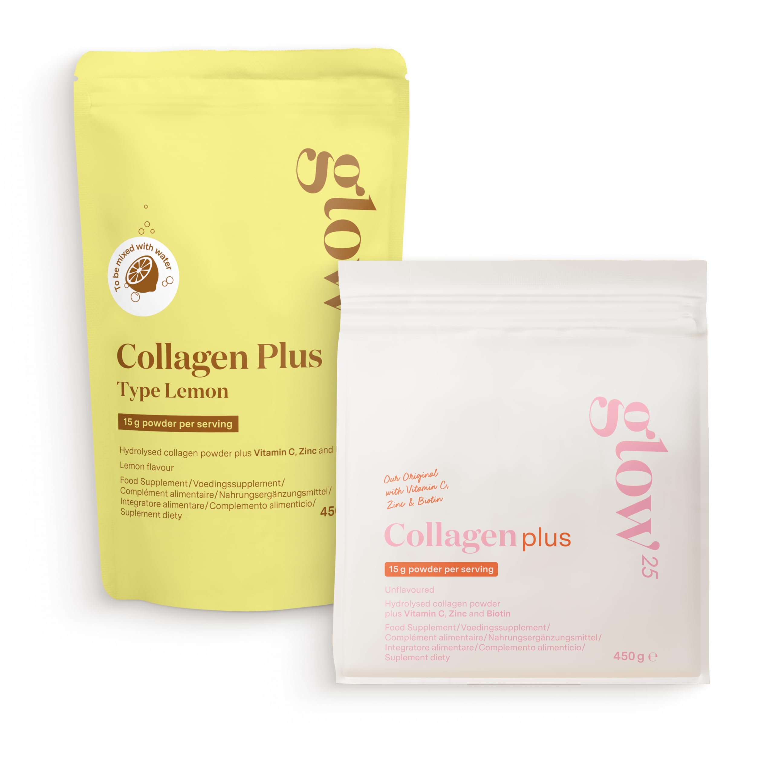 Glow25® Duo Collagène Plus & Collagène Plus Citron – Vitamine C, Zinc, Biotine – Peptides Type 1 et 3