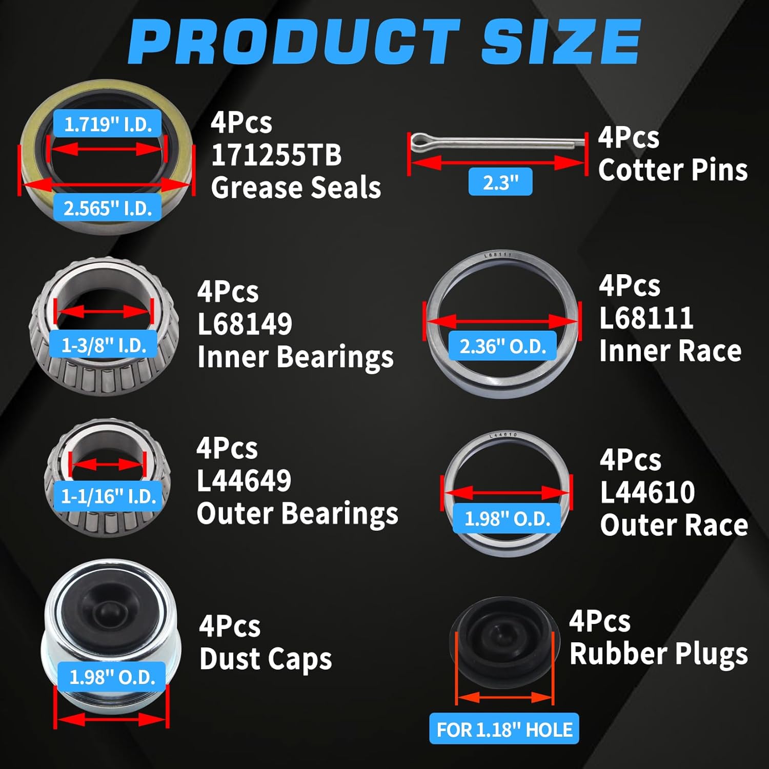 4 Sets L68149/L68111 L44649/L44610 Trailer Hub Bearings Kit for 3500lbs Tapered Axle, with 171255TB/10-19 Grease Seals 1.98'' Dust Caps, Hub Bearing Kits for 1-3/8'' to 1-1/16'' #84 Spindle
