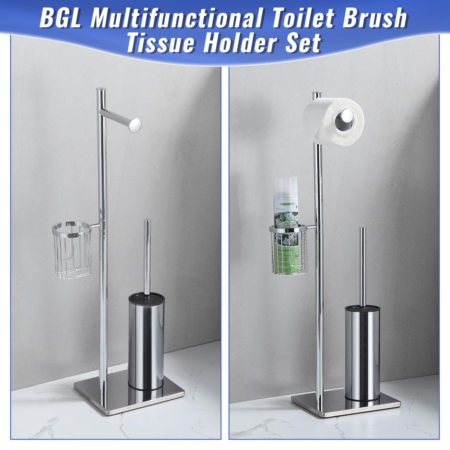 BGL Portarrollos de papel higiénico de pie con escobilla de baño, cromo, soporte para papel higiénico con cesta esquinera