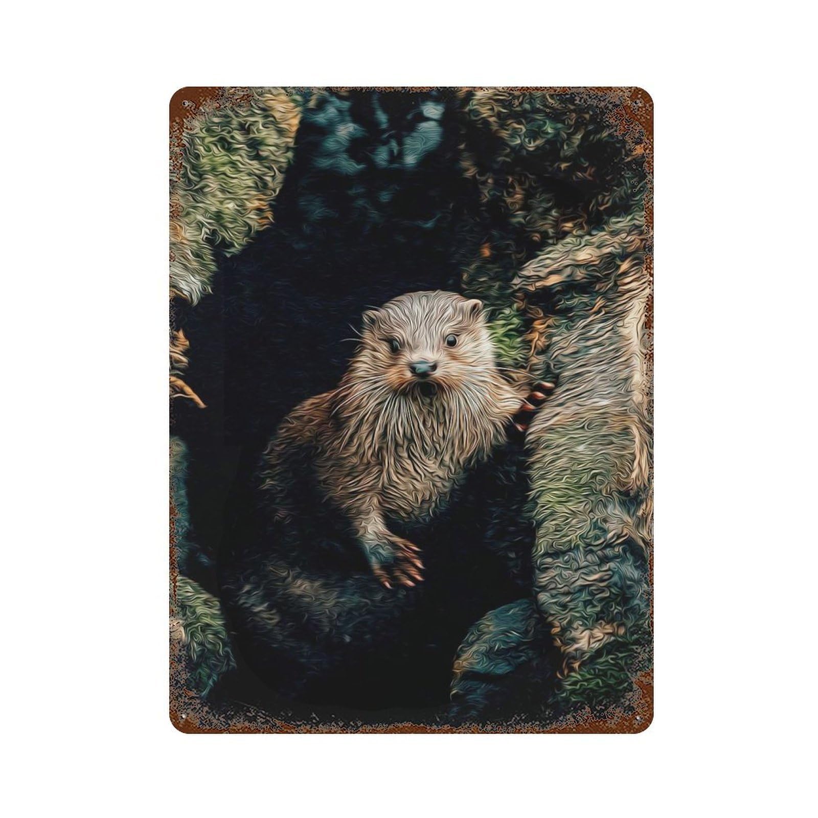 Distressed Metal Wall Sign with Otter Design 15.7"x11.8", for Cafe, Home Bar And Lounge Decor, Retro Wall Decor