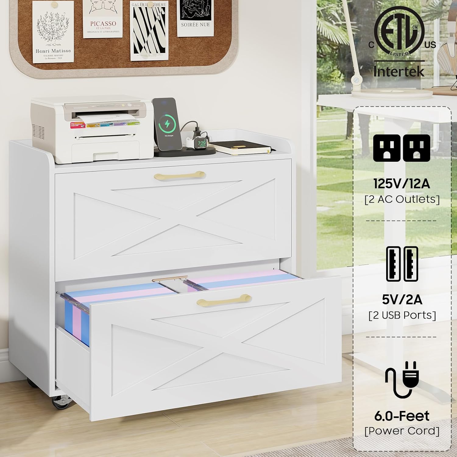 Halitaa Lateral File Cabinet 2 Drawers Mobile File Cabinet with Charging Station for Letter/Legal/A4 Size Hanging Files, Large Wood File Storage Cabinets Printer Stand for Home Office, Simple White