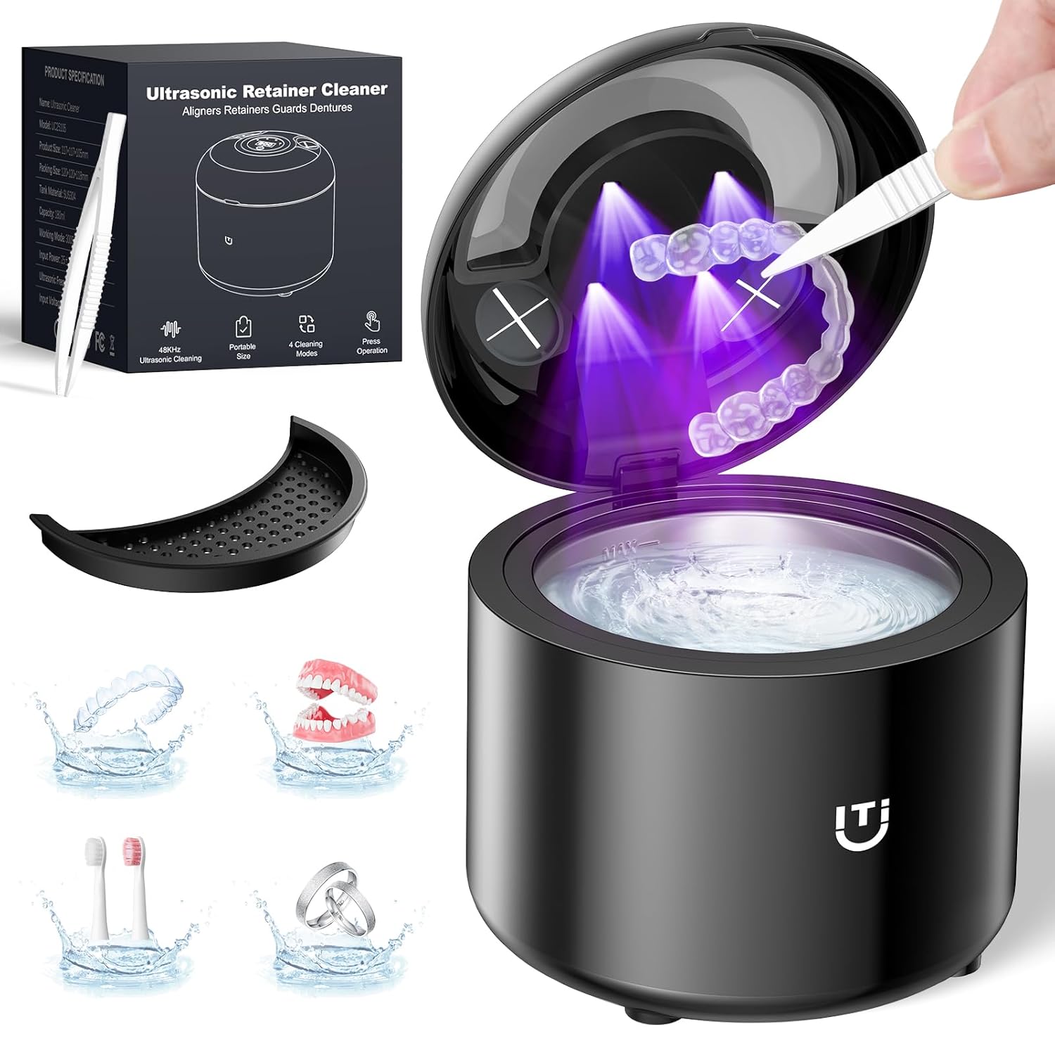 Retainer Cleaner 48kHz, Ultrasonic Retainer Cleaner Machine with 4 Modes for Dentures, Aligners, Mouthguards, Retainers, Jewelry Cleaner and Dental Cleaning Pod (Black)
