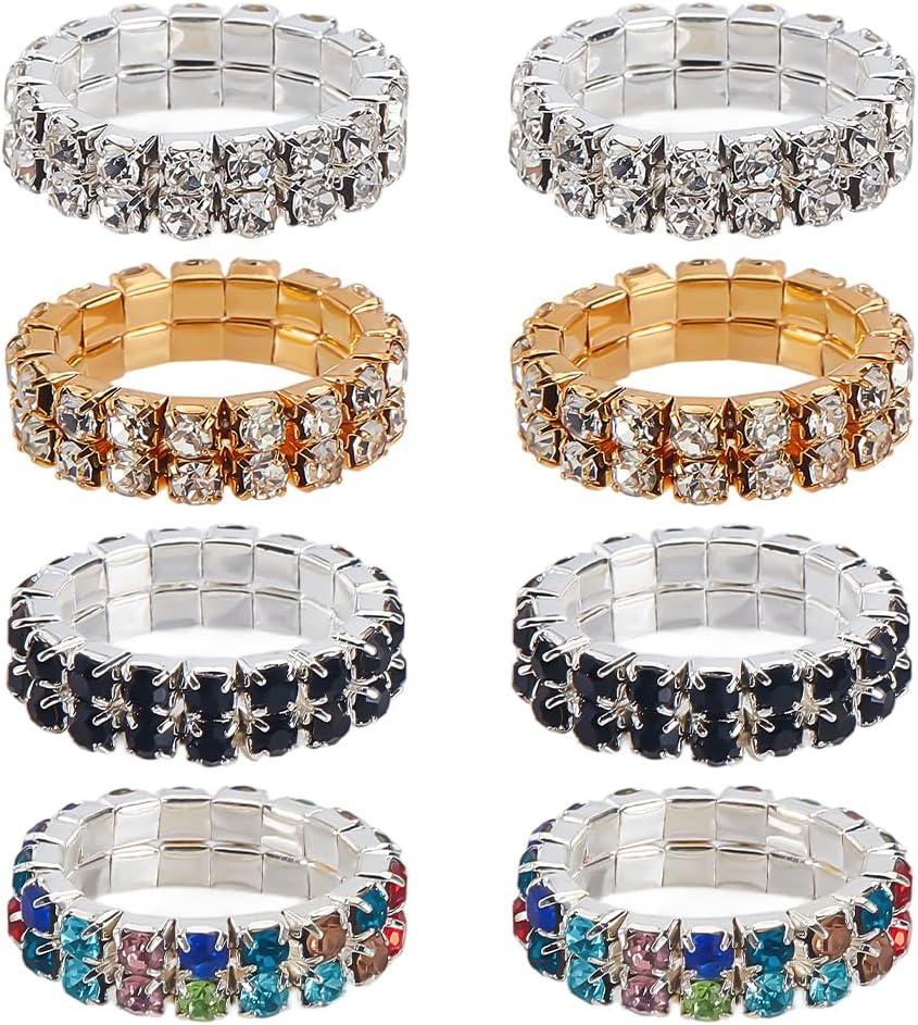 10Pcs 5 Styles Rhinestone Rings Alloy Adjustable Rhinestone Finger Rings Silver Elastic Ring Fashion Crystal Stackable Stretch Ring Accessories Jewelry Gift for Women