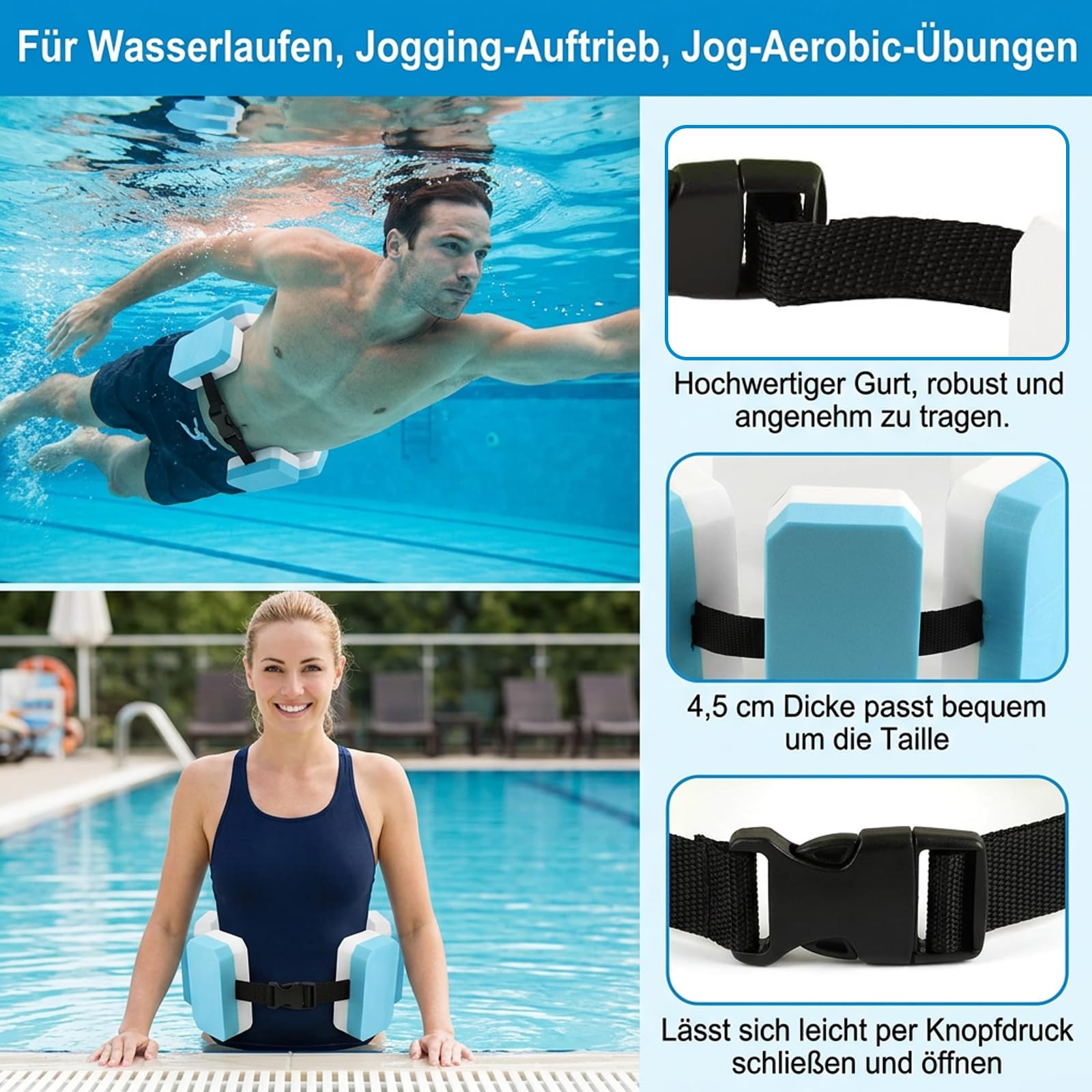 1 Stück Schwimmgürtel, Verstellbare Schwimmhilfe für Erwachsene, 5 Eva Schwimmkissen, Blaue und Weiße Schwimmgürtel, Ideal für Schwimmunterricht und Freizeitaktivitäten im Wasser