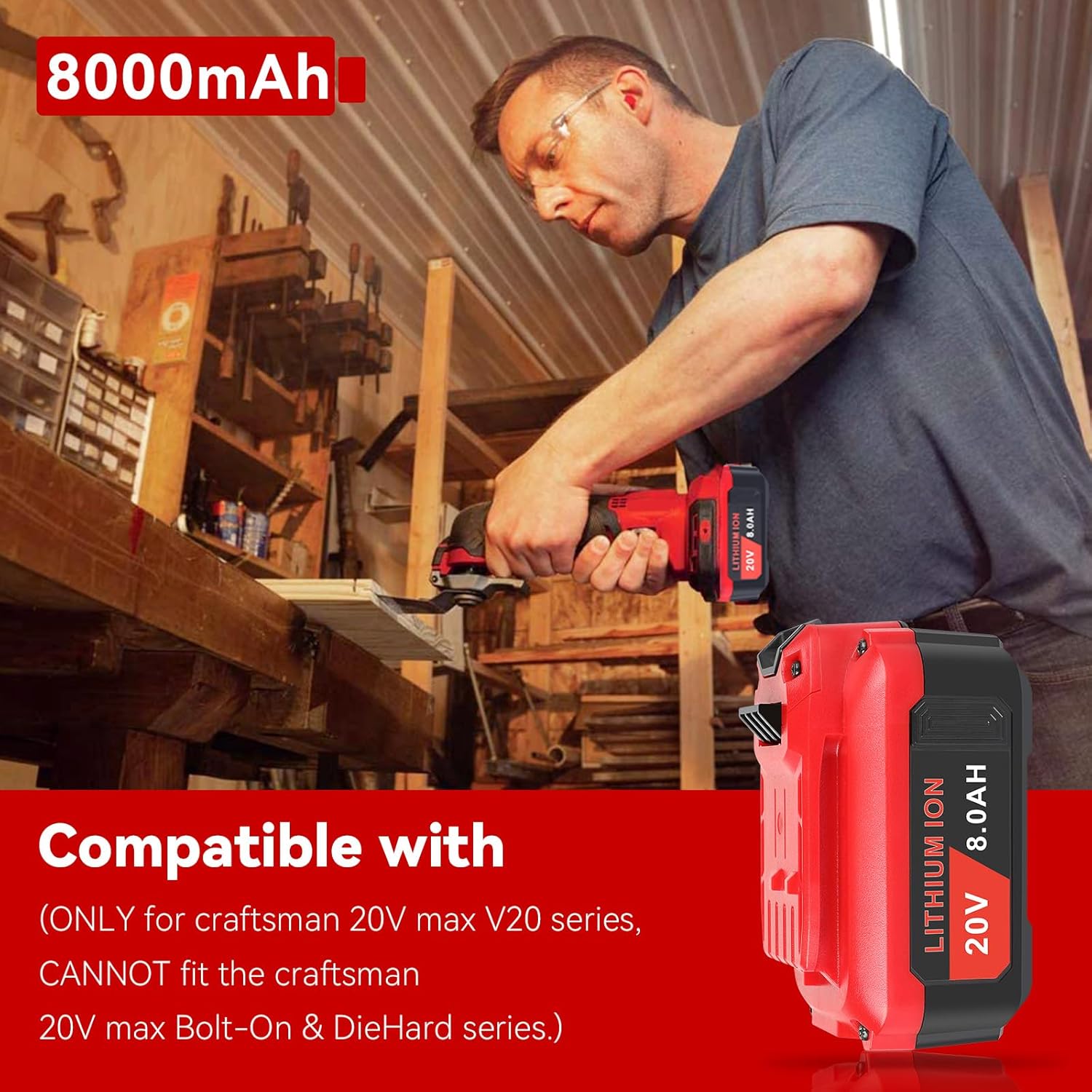 ARyee 4-Pack 20V 8.0Ah CMCB205 Replacement for Craftsman 20V Battery CMCB204 CMCB205 CMCB202 Cordless Impact Driver Tools Battery, 4Packs