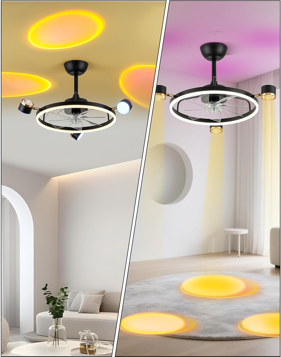 30 Inch RGB Ceiling Fans with Lights, 3-Light Heads Fixture with Flexible Rotation, Sunset Lamp Projector for Room Decor, Low Profile Ceiling Fan for Bedroom Living Room