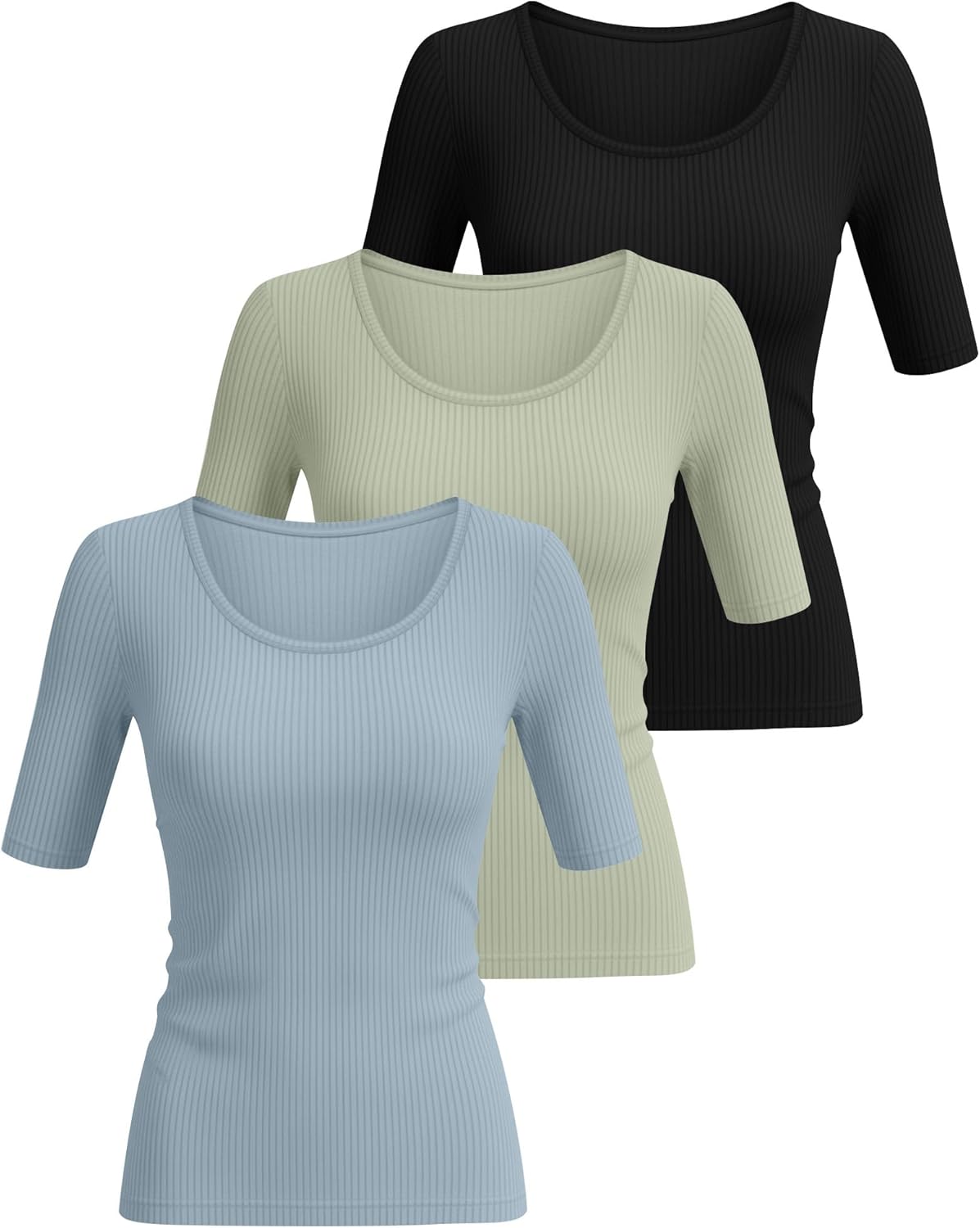 Ficerd 3 Pack Women's Half Sleeve Tops Ribbed Elbow Length Shirts Scoop Neck Slim Fit Summer Basic Tee Trendy Casual Blouses - Image 3