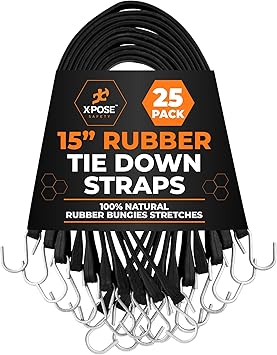 Rubber Bungee Cords with Hooks 25 Pack 15 Inch 23 Max Stretch Heavy-Duty Black Tie Down Straps for Outdoor, Tarp Covers, Canvas Canopies, Motorcycle, and Cargo - by Xpose Safety