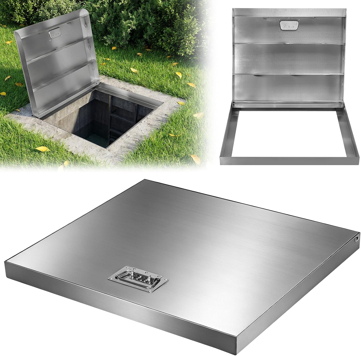 Generic Stainless Steel Rectangular Lift-Off Manhole Covers 26.97x23.62in Storm-Proof Inspection Hatch W/Handle for Cellars/Basement/Patio/Yard/Window Well