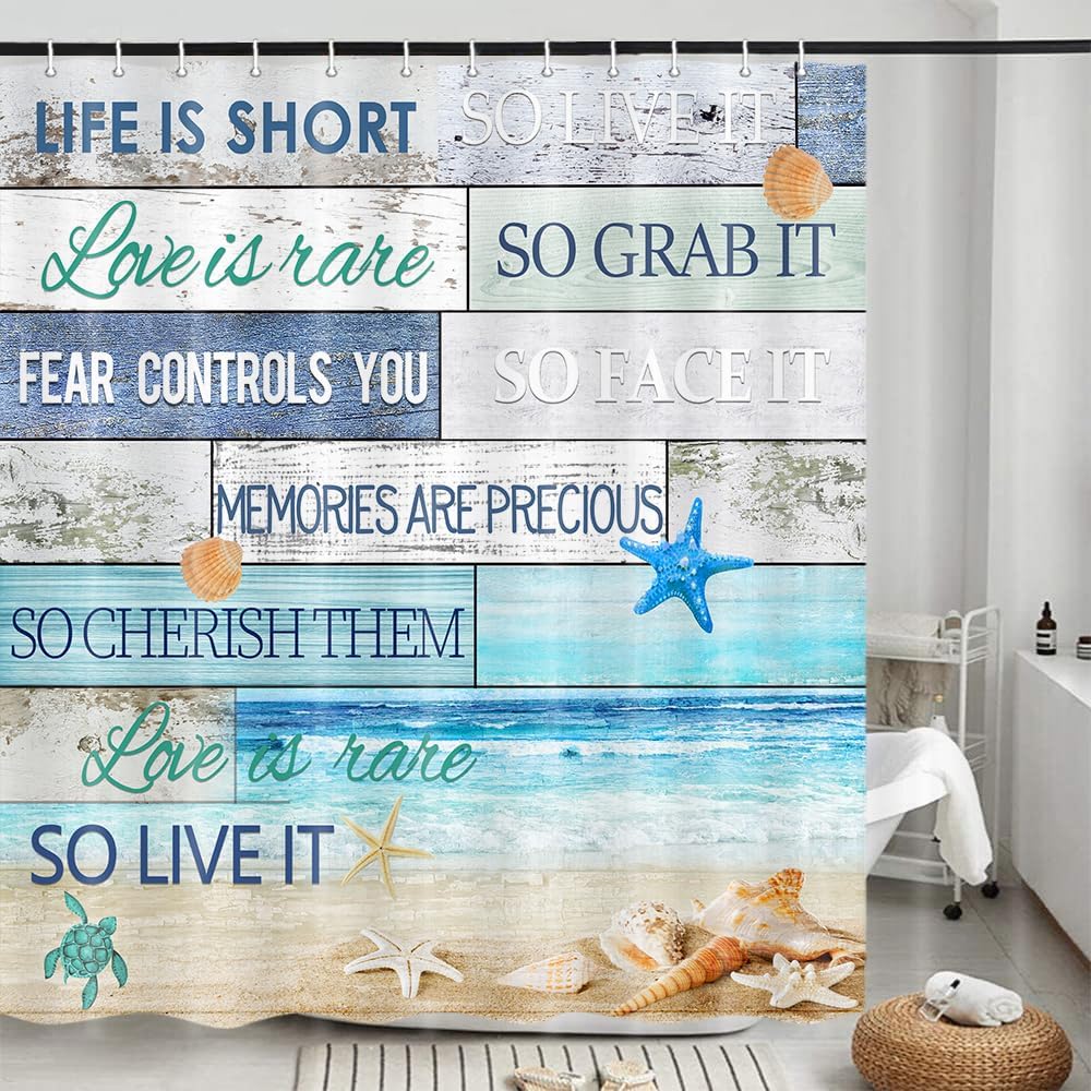 Nautical Coastal Waterproof Fabric Shower Curtains Beach Shower Curtain Decorative Starfish Seashell Coral Ocean Themed Underwater Marine Decor for Bathroom with 12 Hooks, 70 x 75, Blue