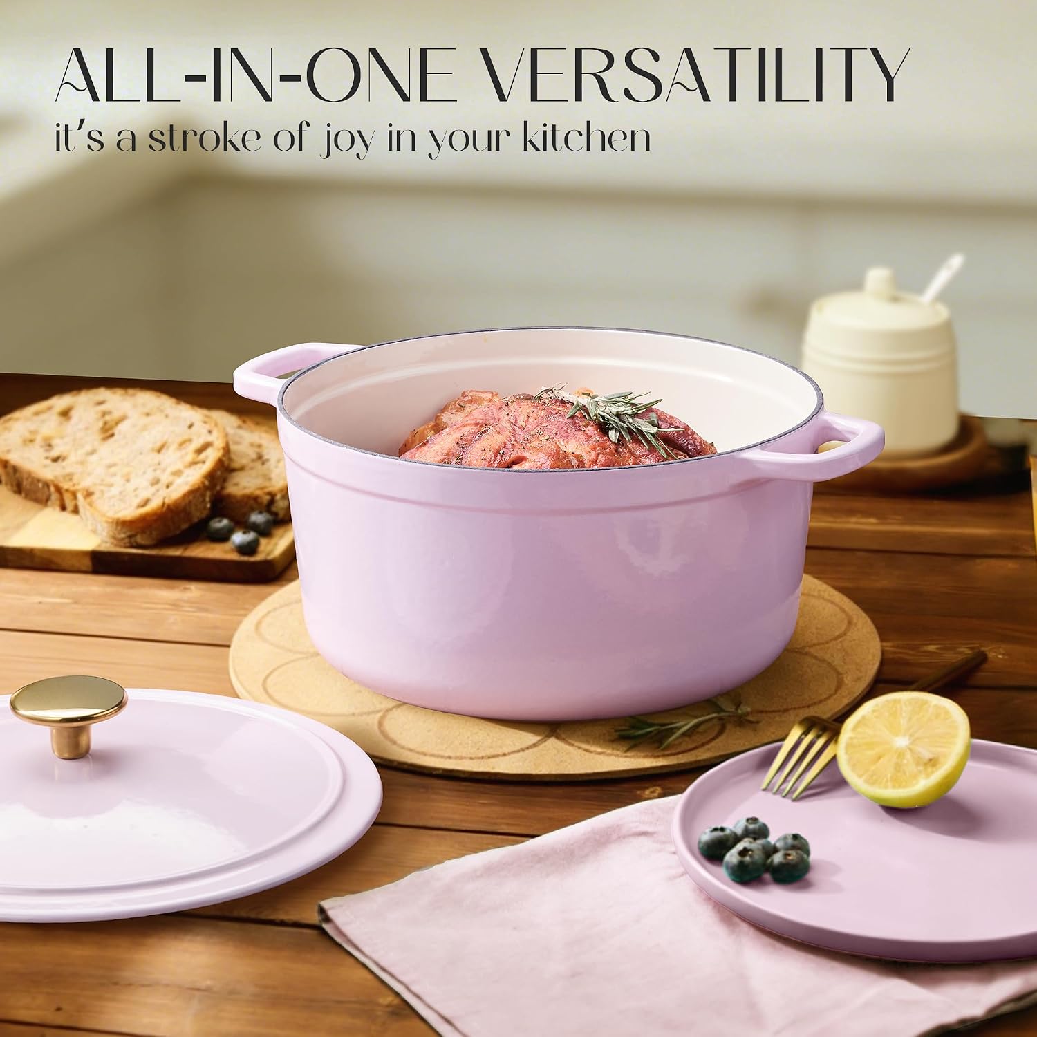 CAROTE 5QT Enameled Cast Iron Dutch Oven Pot with Lid, Heavy-Duty Dutch Ovens for Sourdough Bread Baking, Braising, Roasting, Dual Handles, Healthy & Non-Toxic, All Stovetop Compatible, Oven Safe up to 500° F, Macaron Purple