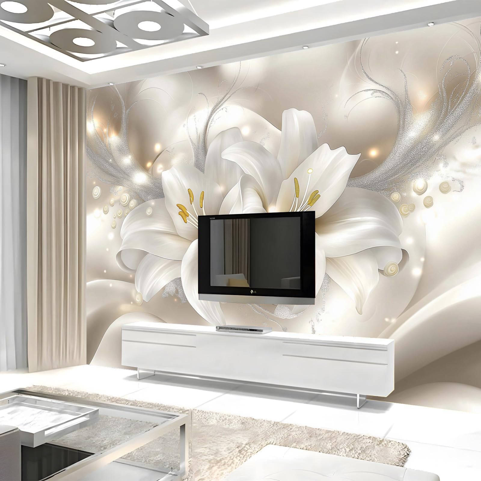 Fotomurale Fotomurali 3d Effetto Fiore Giglio Astratto, 350×256cm Pianta Carta da parati Decorazione da Muro Poster per Camere da Letto, Soggiorni, dei Bambini Carta da Parati