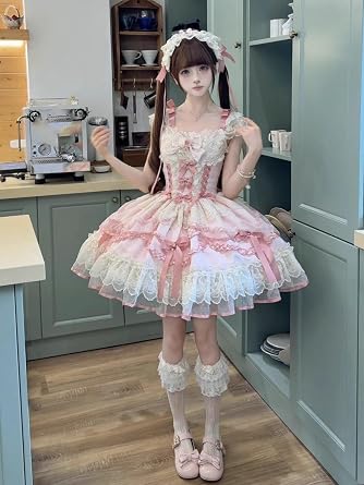 Lolita Dress Teens Pink Cute Summer Sleeveless Kawaii Lace Graduation Cocktail Party Halloween Juniors Dresses