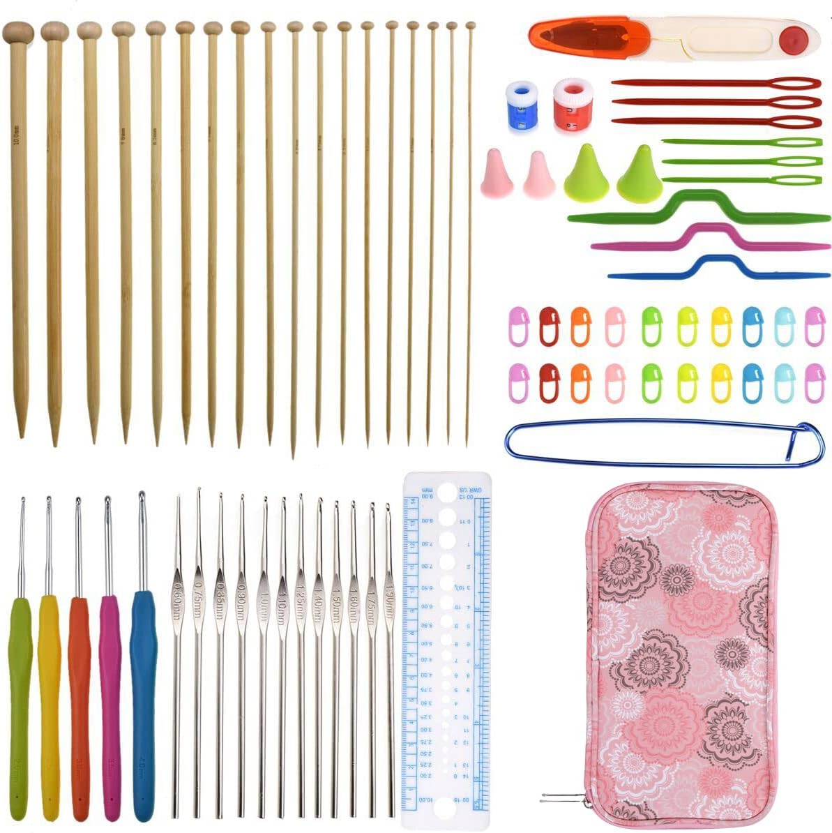 LOOEN Bamboo Knitting Needles Kit 36 Pcs Single Pointed Bamboo Knitting Needles 2.0mm-10.0mm Weaving Tools Knitting Kits (Pink Case)