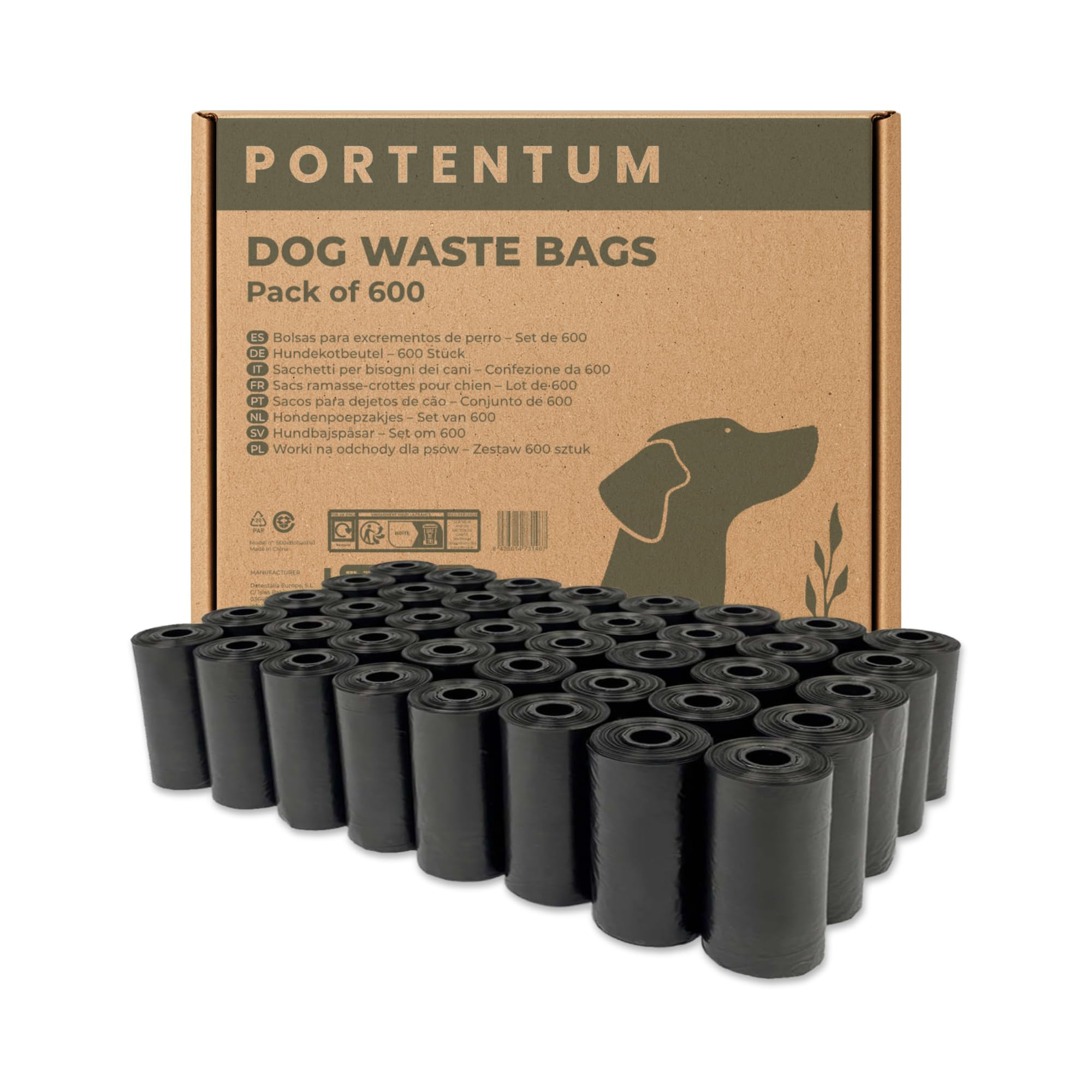 PORTENTUM Sacchetti Igienici Cane, 600 Pezzi (40 Rotoli), Neri - Extra Resistenti, Antiperdita e di Facile Apertura, Sacchetti per Cacca di Cane in Materiale Riciclato e Senza Profumo