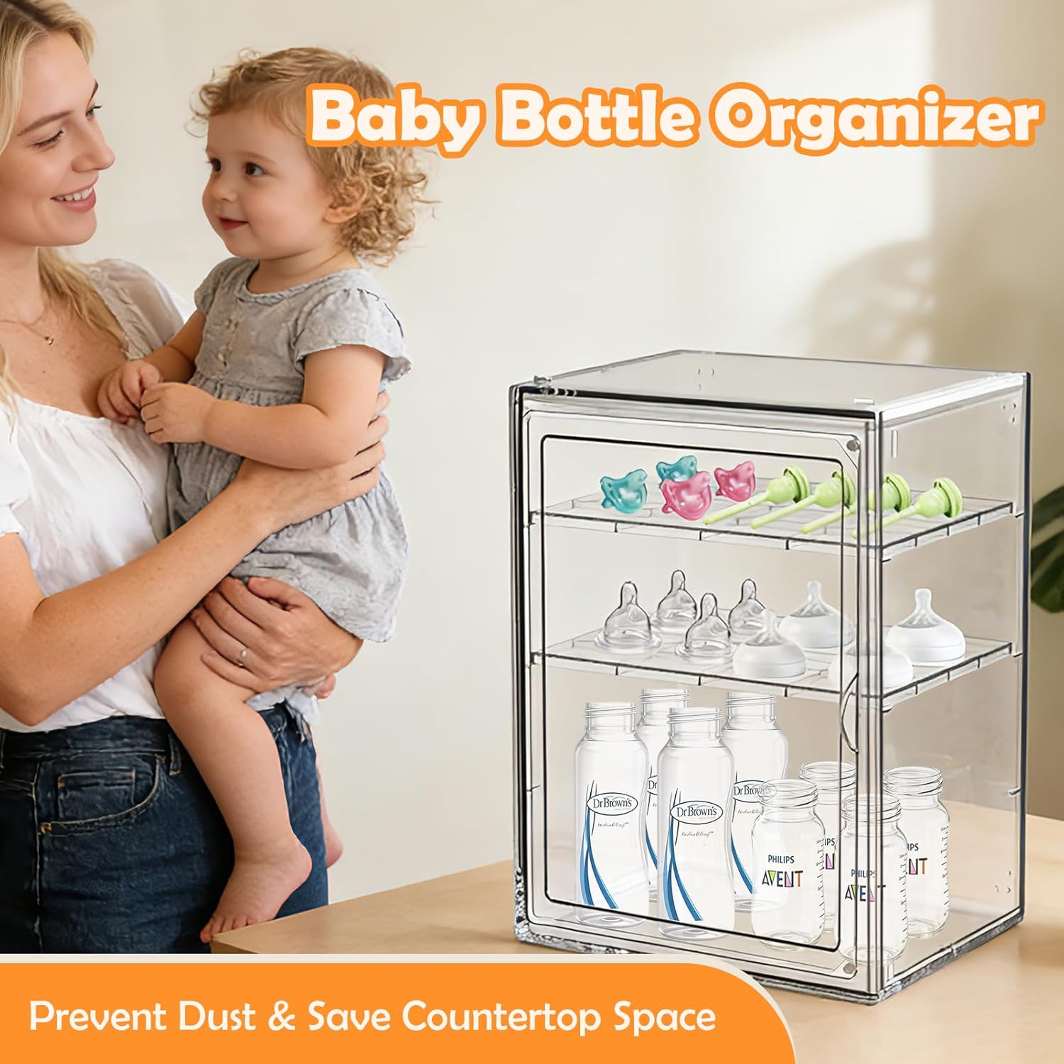 Baby Bottle Organizer,Adjustable Height Bottle Storage Organizer Baby for Bottles, Pacifiers, Pump Parts, Clear Organizer for Countertop, Cabinet,Vanity, Bathroom