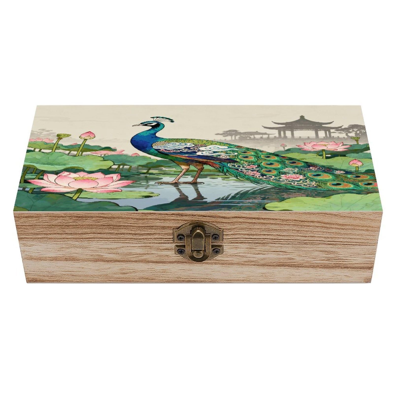 VstaDank Peacocks And Flowers Wooden Storage Box with Hinged Lid Natural Wooden Box Beautifully Keepsake Boxes Vintage Wood Boxes Jewelry Organizer Trinket Storage Chest Unique Gift