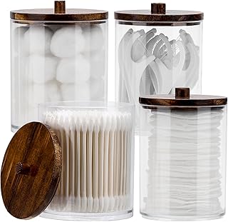 Tbestmax 4 Pack Qtip Holder Dispenser Cotton Ball, Cotton Swab, Floss - 12oz, 10 oz Clear Plastic Apothecary Jars for Bathroom Organizer and Storage Containers (Black Wood Lids)
