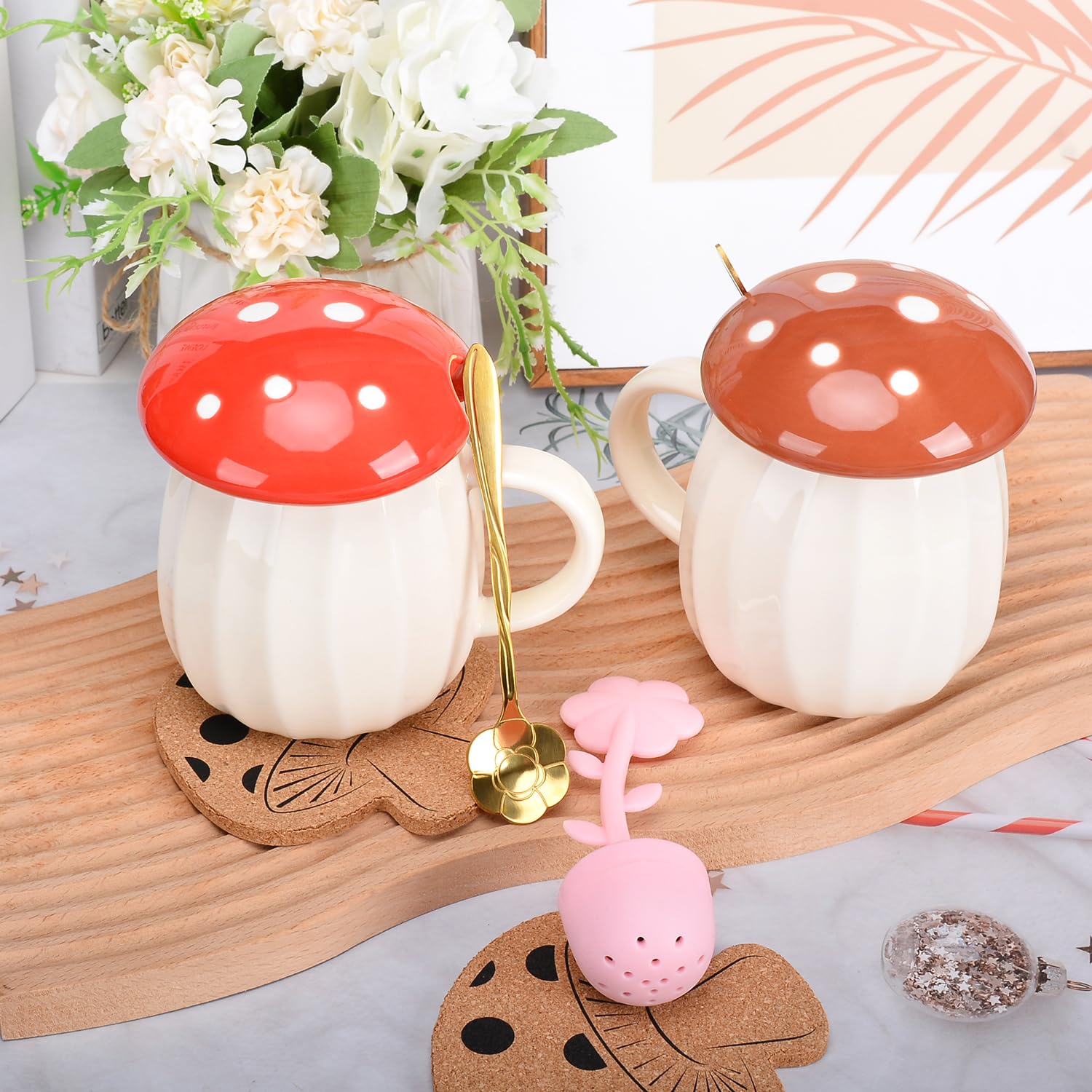 XinHuiGY Mushroom Mug, Cute Coffee Mug with Lid and Flower Spoon, Kawaii Mushroom Tea Cup - Image 2
