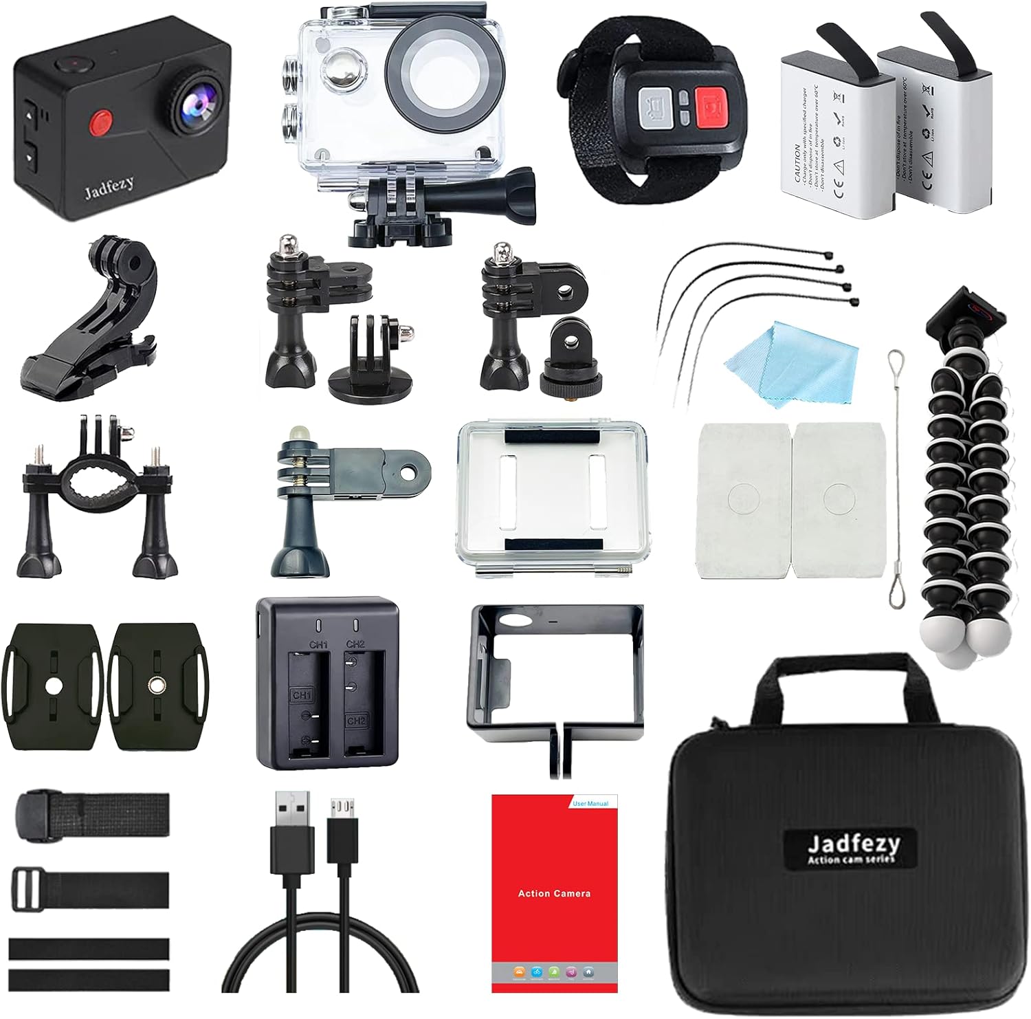 All accessories included with the Jadfezy 4K 30fps Action Camera J-7000, laid out on a white background.
