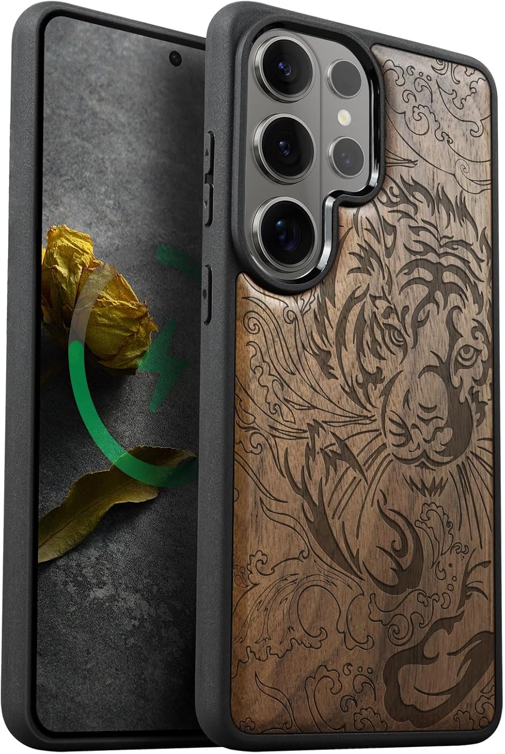 Carveit Magnetic Wooden Case for Samsung Galaxy S26 Ultra Case 2026, TPU Shockproof Cover & Wood Artisan Engraved, Compatible with MagSafe Wireless Chargers (Graceful Tiger) Rosy