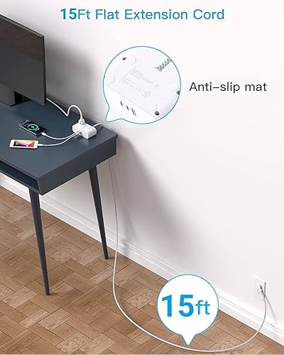 Miniatura 9 de Regleta de alimentación de enchufe plano cable de extensión plano ultrafino de 6 pies 3 tomas de corriente 3 puertos USB 2 USB C estación de carga