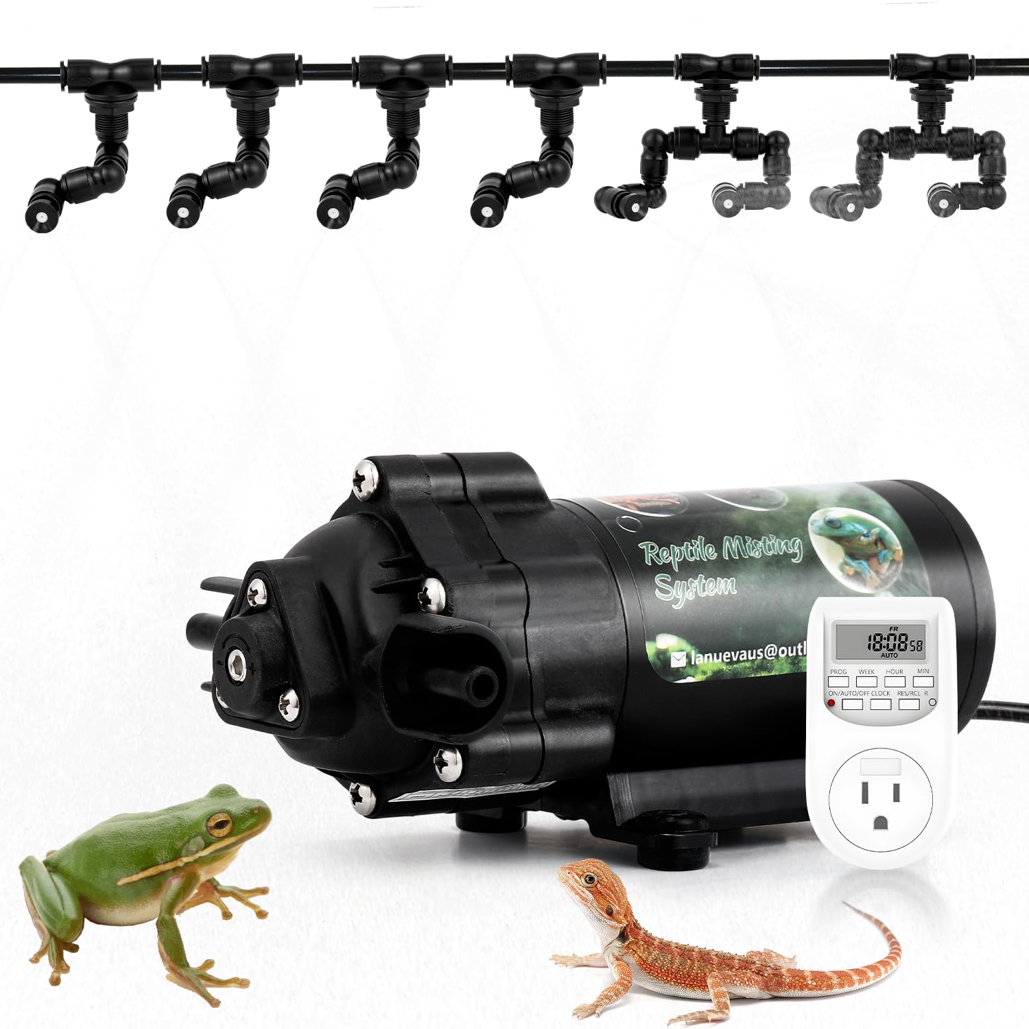 LANUEVA Humidificador de reptiles, nebulizador Mister más silencioso para terrario con 4 boquillas de niebla individuales + 2 boquillas de niebla doble, sistema de pulverización automático para