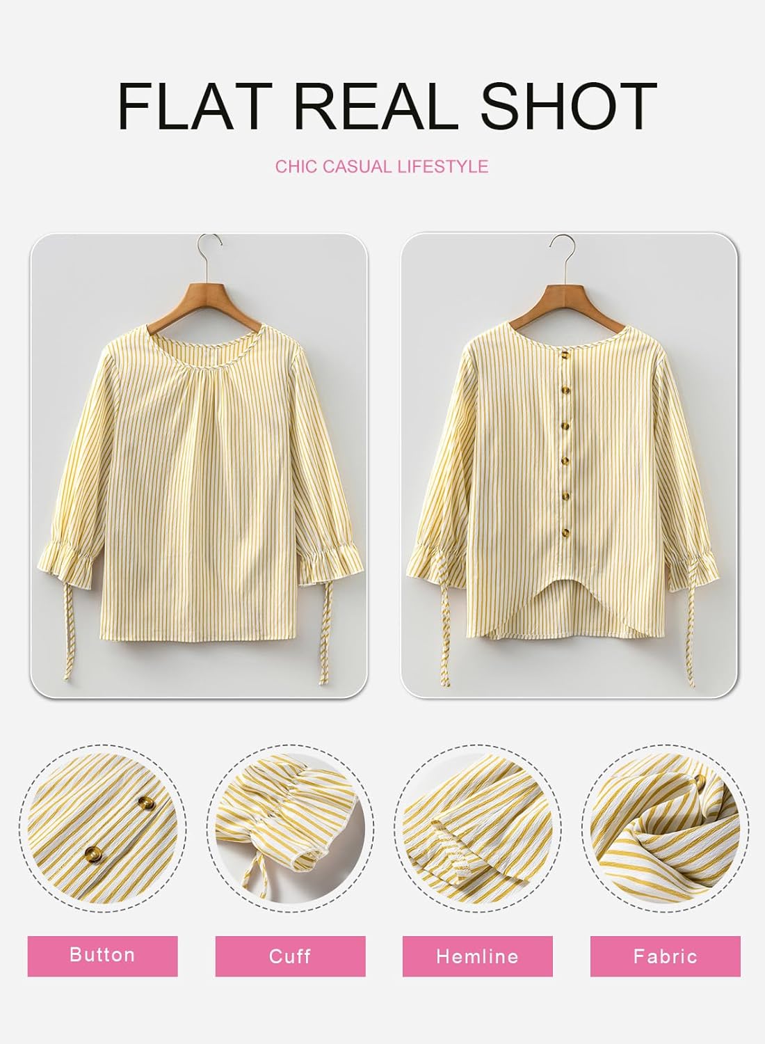 SHEWIN Womens Blouses Summer Striped Crewneck 3/4 Tie Sleeve Tops with Button Decoration On Back - Image 5