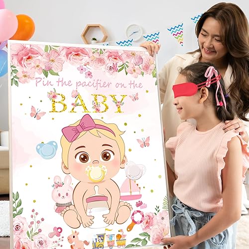 Miniatura 2 de Pin The Chupete On The Baby Shower Juego de decoración de fiesta de baby shower, incluye póster grande, 30 calcomanías para chupete, juego para