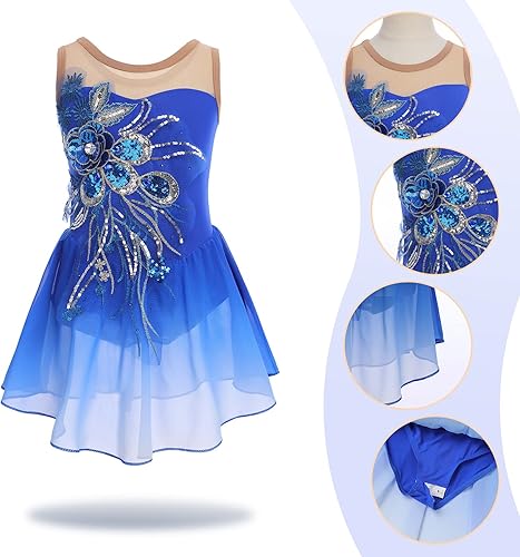 Miniatura 3 de Vestido de patinaje artístico sobre hielo para niñas, lentejuelas brillantes, malla transparente, gasa, ballet, danza, leotardo, trajes de bailarina