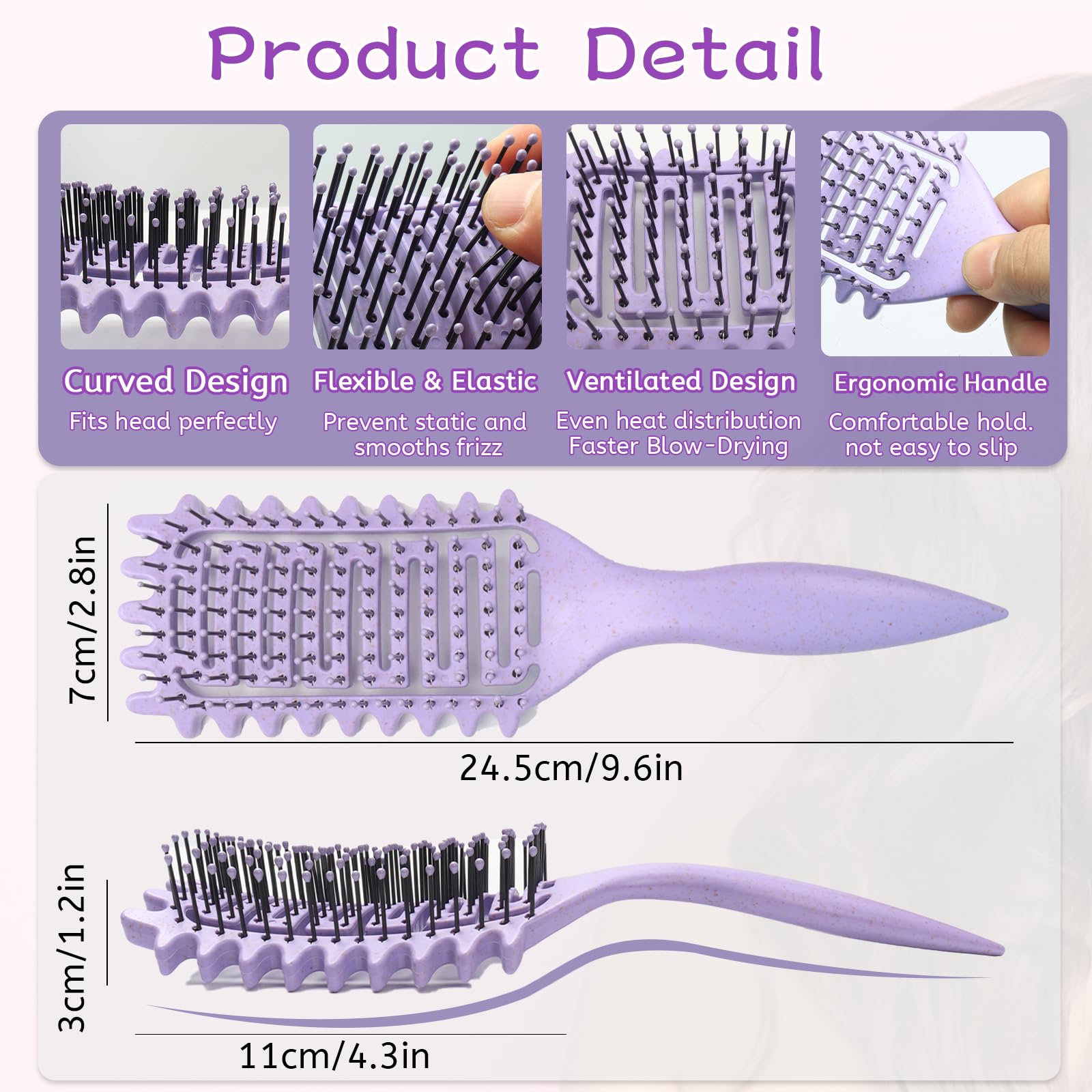 2Pcs Curly Hair Brush,Curl Defining Brush,Detangle Hair Brush define styling brush for Wet Thick Curly Hair,Soft Bristle Vent Detangling Paddle Brush Comb for Women Men Girls (Pink+Purple) - Image 3