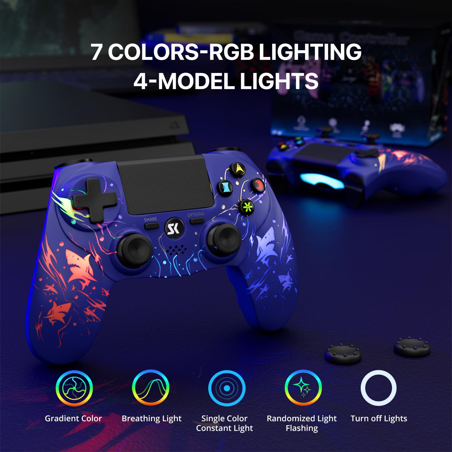 ISHAKO 2 Pack Controller for PS4, Wireless Controller for PS4/Pro/Slim/PC/Mac, Gaming Controller with RGB Lighting, 1000mAh Battery, Double Vibration, 6-Axis Motion Control (Purple&Black, 2Pack)