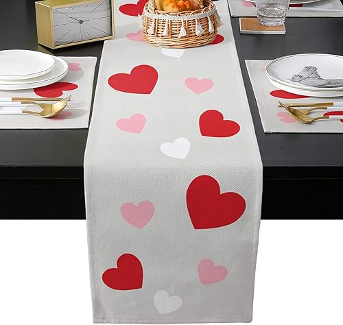 Miniatura 2 de Juego de manteles individuales de San Valentín con camino de mesa a juego de lino y algodón, tapete de café